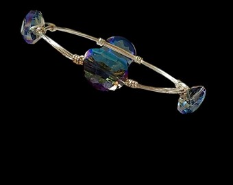 Modern Faceted Bead Rainbow Fashion Silver Tone Wire Wrapped Bracelet Bangle