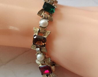 VTG Early to Mid-Century Multi Stone Yellow Gold Plated  Womens Bracelet