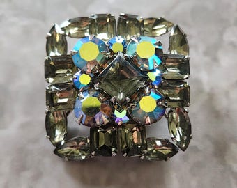 Mid Century Judy Lee Silver Smokey And AB Rhinestones Brooch