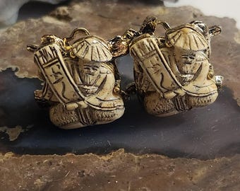 Rare Unique Vintage 1"  Unsigned Colco Gods Of Fortune  Clip On Earrings