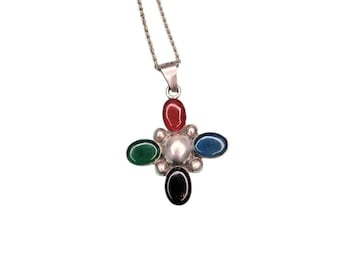Vtg Sterling Silver 925 Gem Stone Cross Pendant Crafted Mexico Signed