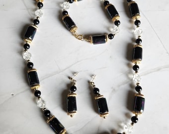 Vintage Iridescent Black Beaded Necklace Set