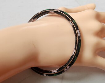 Cloisonné Enamel Floral Flower Black Bangle Bracelet VTG Chinese Export 1970's