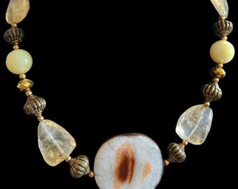 Vtg Tibetan Agate Slice Citrine Beaded Necklace