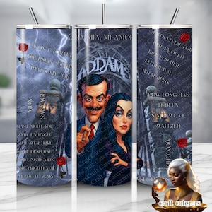 May include: A set of three stainless steel tumblers with straws, featuring a gothic theme. The central tumbler displays the word "Addams" with illustrations of Gomez and Morticia Addams. The other tumblers have quotes and rose accents.