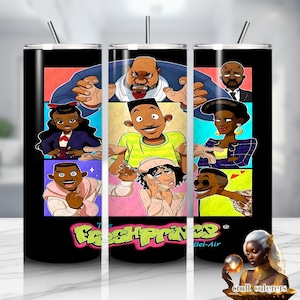 May include: Black tumbler featuring a colorful cartoon collage of characters from the TV show "The Fresh Prince of Bel-Air." The design includes the show's logo in bright green, pink, and yellow.