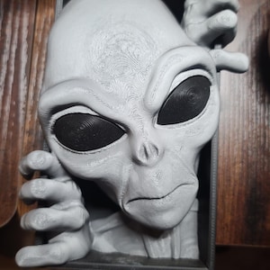 3D Printed Alien Book Nook – Grey Alien Bookshelf Insert, Sci-Fi Bookshelf Decor, UFO Gift for X-Files Fans, Unique Bookend Display