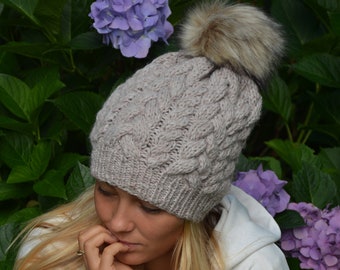 Cable Hand Knitted Hat Winter Hat Knit Beanie Faux Fur with Pom Pom Beige Wool Women's Hat