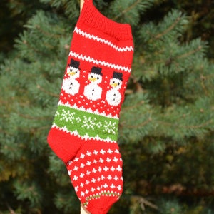 Hand Knitted Christmas Stocking, Home Decor, Personalized Christams Stocking with Snowmen