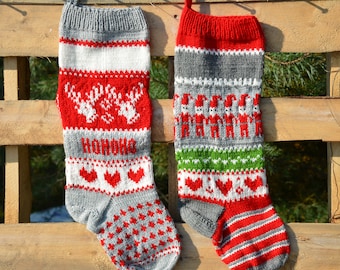 Set of 2 Hand Knitted Christmas Stockings, Home Decor, Personalized Christams Stocking with Deers and Gnoms