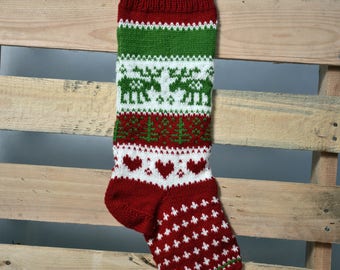 Hand Knitted Christmas Stocking, Home Decor, Personalized Christams Stocking with Deers