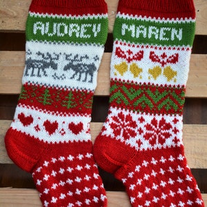 Hand Knitted Christmas Stocking, Home Decor, Personalized Christmas Stocking with Deers and BellsB