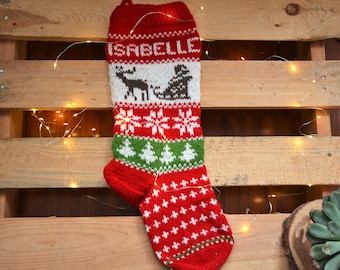 Hand Knitted Christmas Stocking, Home Decor, Personalized Christams Stocking with Deer and Santa