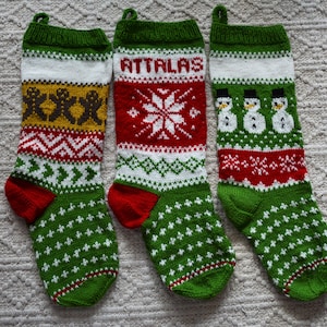 Hand Knitted Christmas Stocking, Home Decor, Personalized Christmas Stocking with Snowmen, Poinsettia, Gingerbread Men