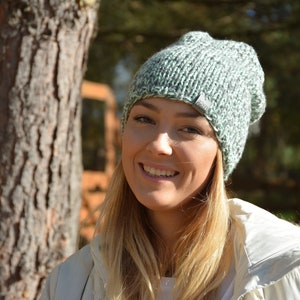 Hand Knitted Cable Beanie: Grey & Pastel Green Winter Hat
