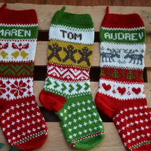 Hand Knitted Christmas Stocking, Home Decor, Personalized Christmas Stocking with Deers and BellsB