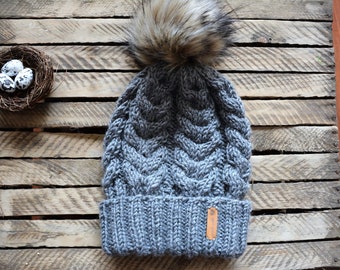 Cable Hand Knitted Hat Winter Hat Knit Beanie Faux Fur with Pom Pom Grey Alpaca Wool Women's Hat