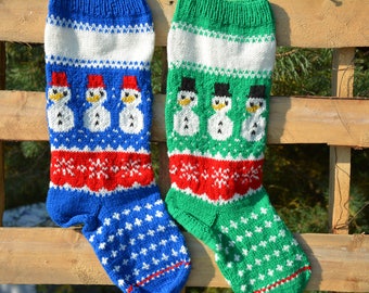 Set of 2 Hand Knitted Christmas Stockings, Home Decor, Personalized Christams Stocking with Snowmen