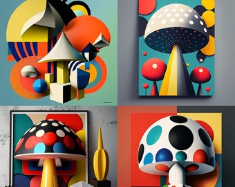 Bauhaus inspired disco mushroom INSTANT digital download wall art, Museum Poster, BUNDLE set of 4 prints, digital