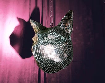 Disco Ball Pussy Cat Sculpture | Handcrafted Mirror Art Cat Decor | Maximalist Statement Art | Unique Collectible Gift