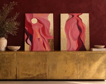Source of Flowing Gold, Original Oil Painting Set of 2, 48x36 Pink Red Gold Abstract Art, Large Statement Wall Art, Luxury Decor
