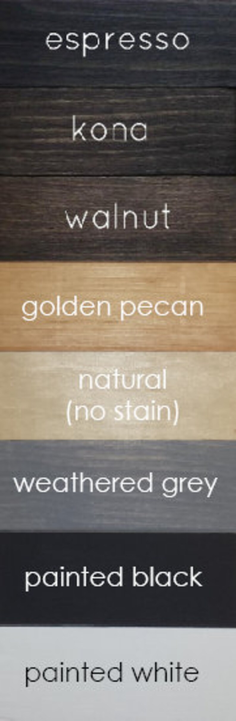 Puede incluir: Carta de colores de tinte para madera con ocho colores de tinte diferentes: espresso, kona, nogal, pacana dorada, natural (sin tinte), gris desgastado, negro pintado y blanco pintado.