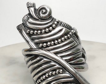 Antique Mexican Hinged Cuff, Sterling Silver, Clamper Bracelet, Taxco, Repousse Silver, As is #BR318