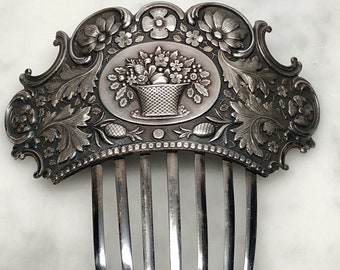 Peine de plata victoriana, cesta de frutas, floral, antigüedad, tal cual, plata repujada, #AC433 nupcial