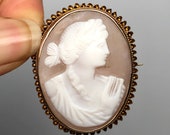 Greek Roman Woman with Lyre Harp Cameo Brooch Pendant Combo, 10K Solid Gold, Antique BP258