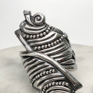 Antique Mexican Hinged Cuff, Sterling Silver, Clamper Bracelet, Taxco, Repousse Silver, As is #BR318