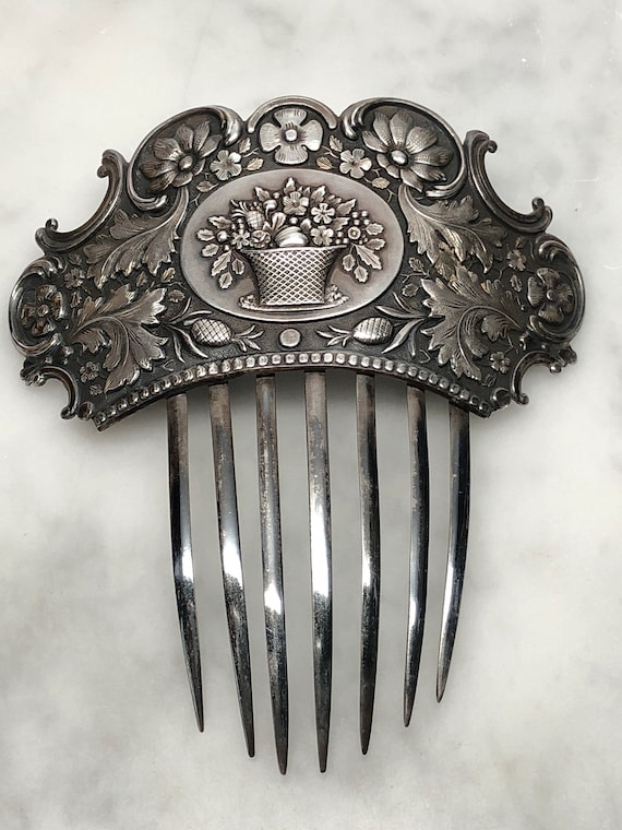 Victorian Silver Hair Comb, Fruit Basket, Floral,… - image 1