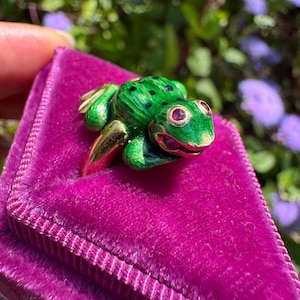 May include: A green frog-shaped brooch with black spots and ruby eyes, set in gold. The frog is displayed on a vibrant purple velvet jewelry box, with a stitched border. The background features blurred green foliage and purple flowers.