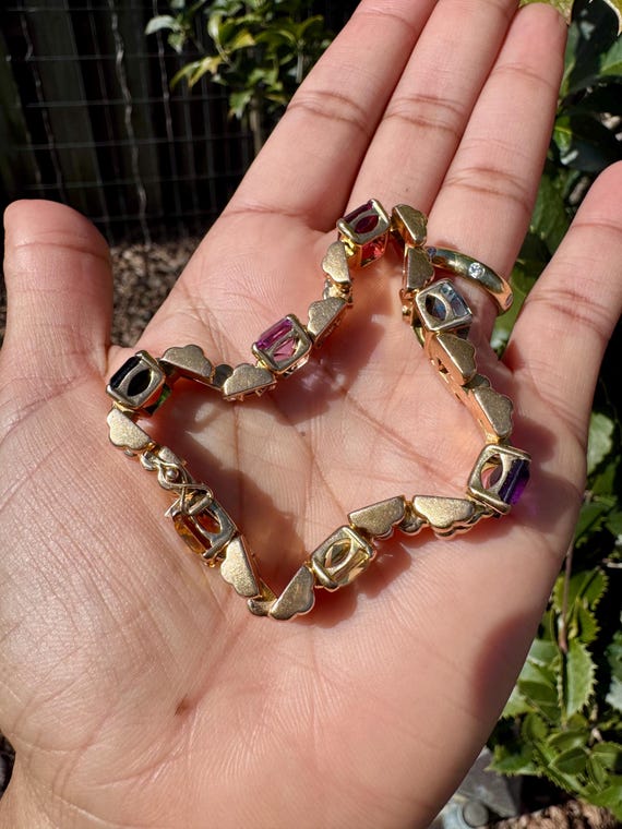 14K Solid Gold Rectangle Multicolor Stone Panther… - image 7