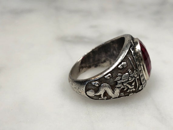 Chinese Silver Ring with Synthetic Ruby, Dragon a… - image 4