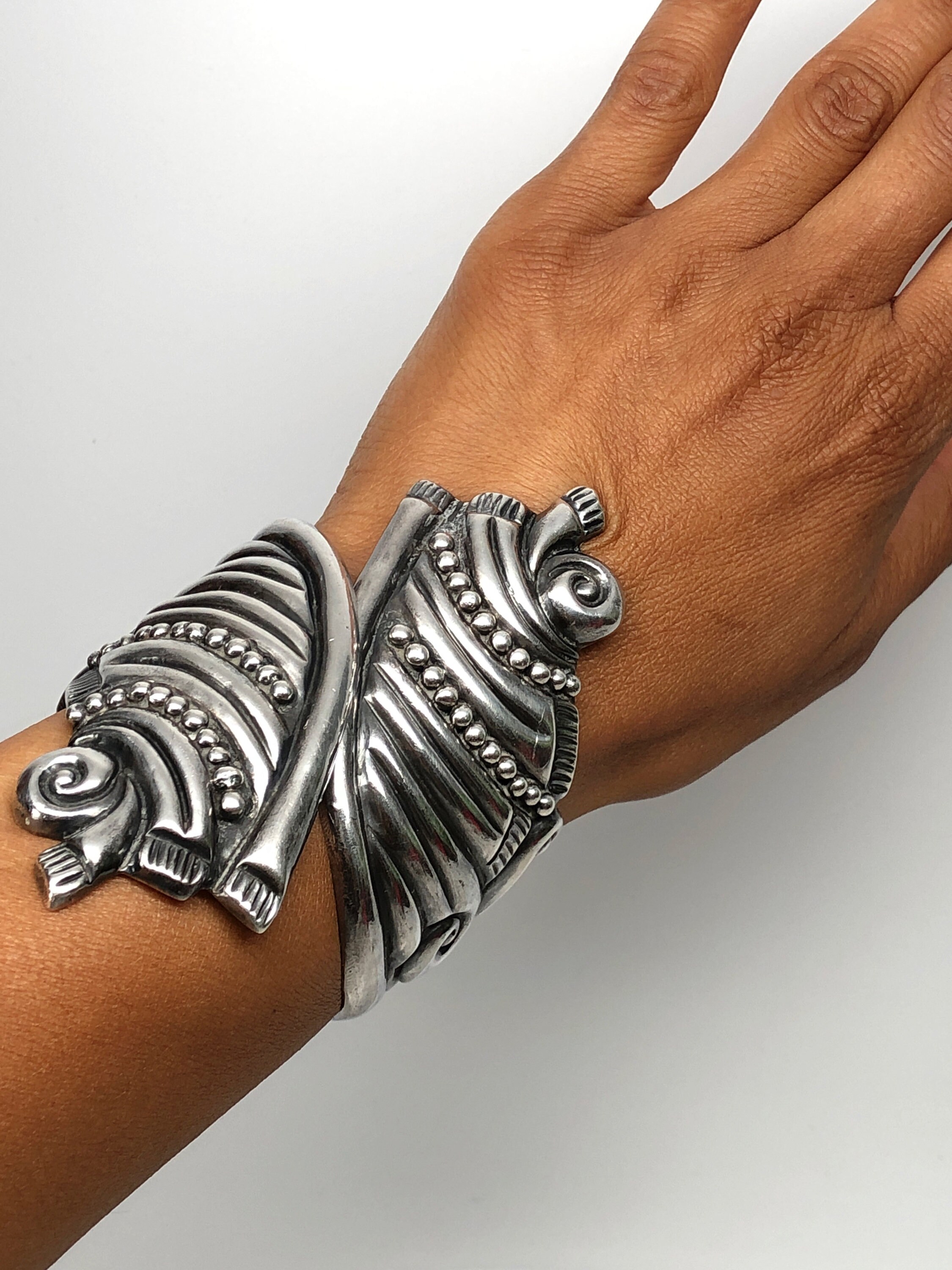 Antique Mexican Hinged Cuff, Sterling Silver, Clamper