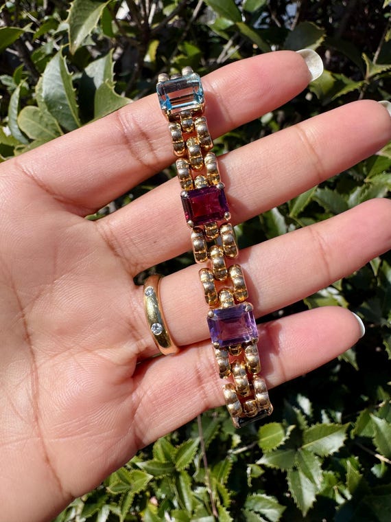 14K Solid Gold Rectangle Multicolor Stone Panther… - image 1