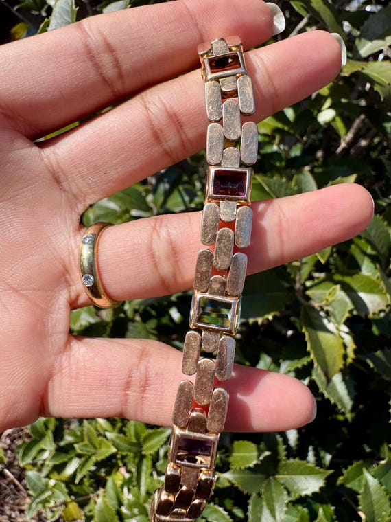 14K Solid Gold Rectangle Multicolor Stone Panther… - image 8