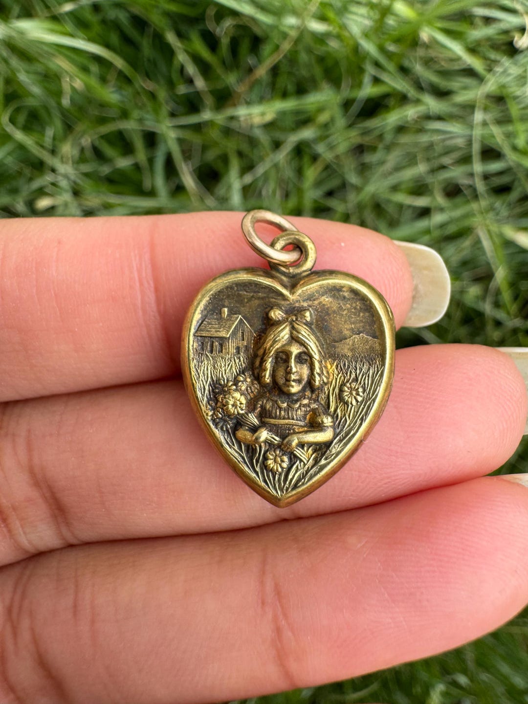 Antique Repousse Little Girl in Field of Flowers Heart Locket, House in ...