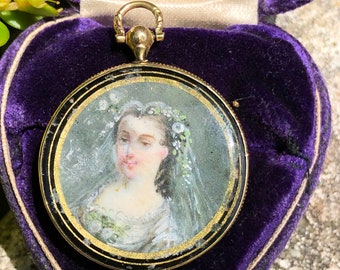 Antique Victorian 14k Miniature Portrait Pendant, Double Sided with Hand painted Images and Verre Eglomisé, Reverse Painted Glass. #PE888
