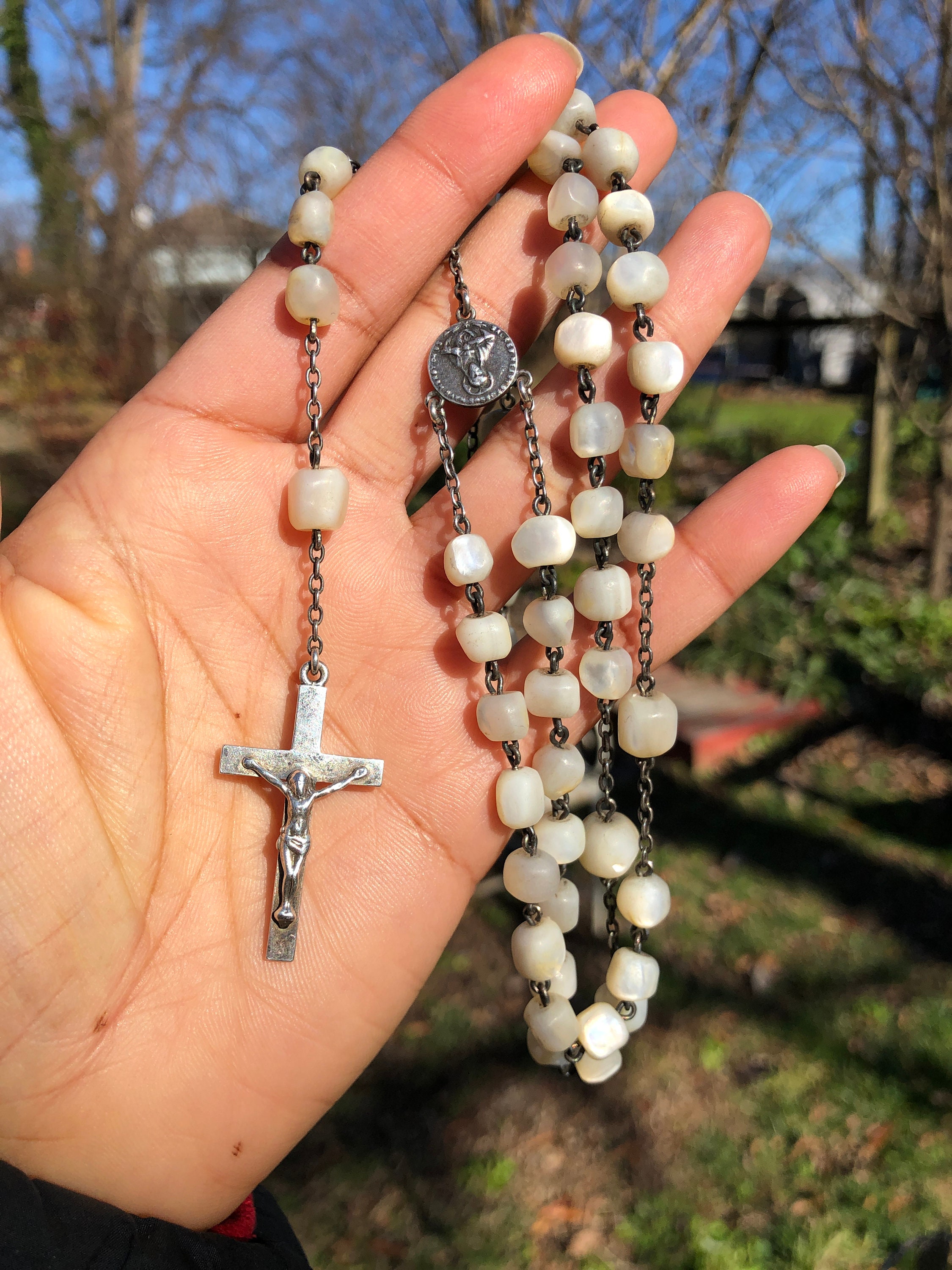 Mother of Pearl Bead Rosary, Sterling, Engraved 1925, 28 inches. #NE1112