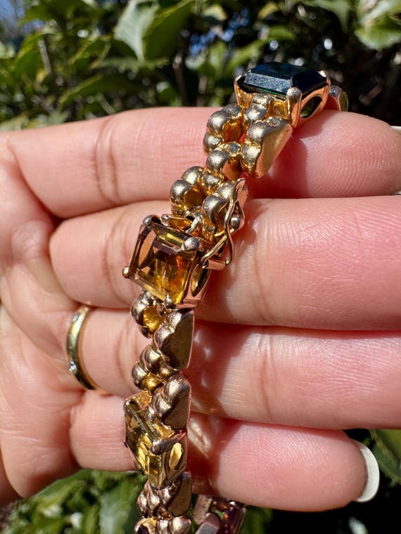 14K Solid Gold Rectangle Multicolor Stone Panther… - image 5