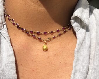 14K Bezel Set Oval Ruby Necklace, 11.2 grams, 30 inches. 81 rubies. #NE1612