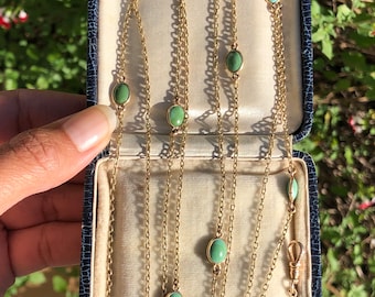 14K Bezel Set Oval Green and Blue Turquoise Long Guard Chain with Dog Clip, 54 inches, 13.6 grams, 6x8mm stones. #NE1275