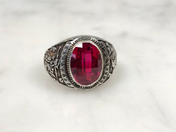 Chinese Silver Ring with Synthetic Ruby, Dragon a… - image 3