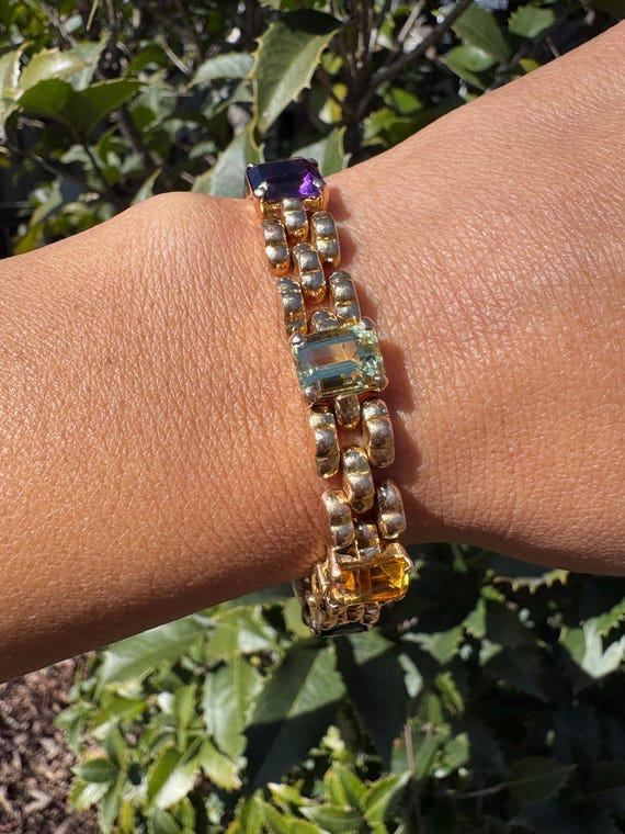 14K Solid Gold Rectangle Multicolor Stone Panther… - image 4