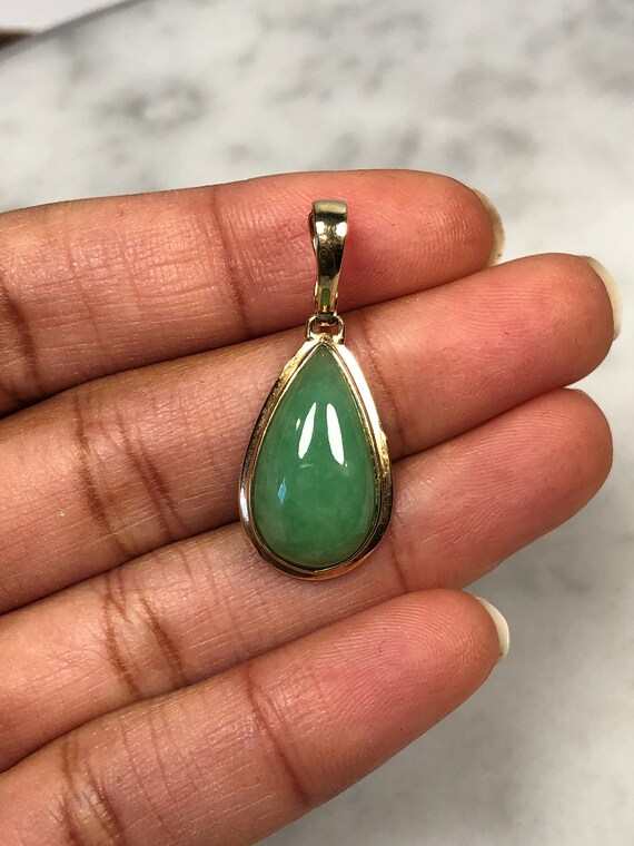 14K Gold Green Jade Teardrop Pendant Bail Opens Up Vintage Etsy