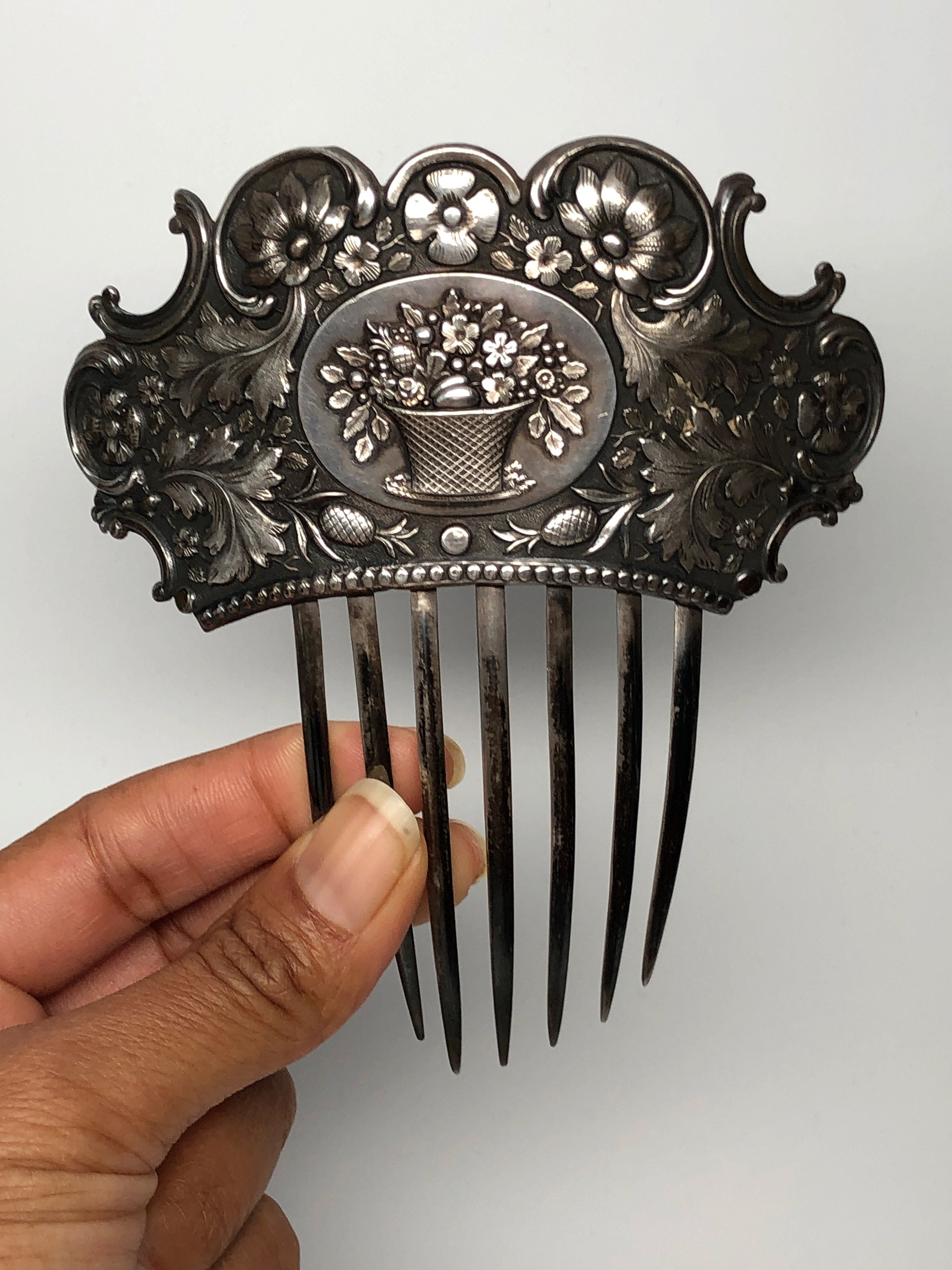 Victorian Silver Hair Comb, Fruit Basket, Floral, Antique  display picture 1