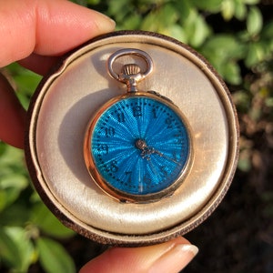14K Ladies Pocket Watch with Blue Guilloche Enamel Face,Engraved JTD, Papa to Ida Xmas 1900, 15.3 grams, 1 3/8 inches. #PE946