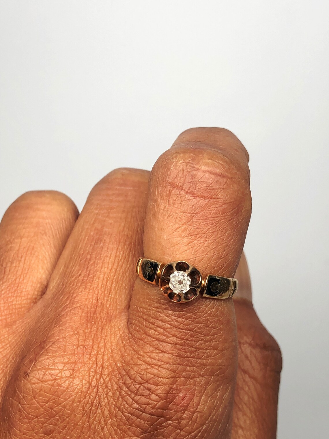 18K Gold Old European Cut Diamond Ring Black Enamel | Etsy