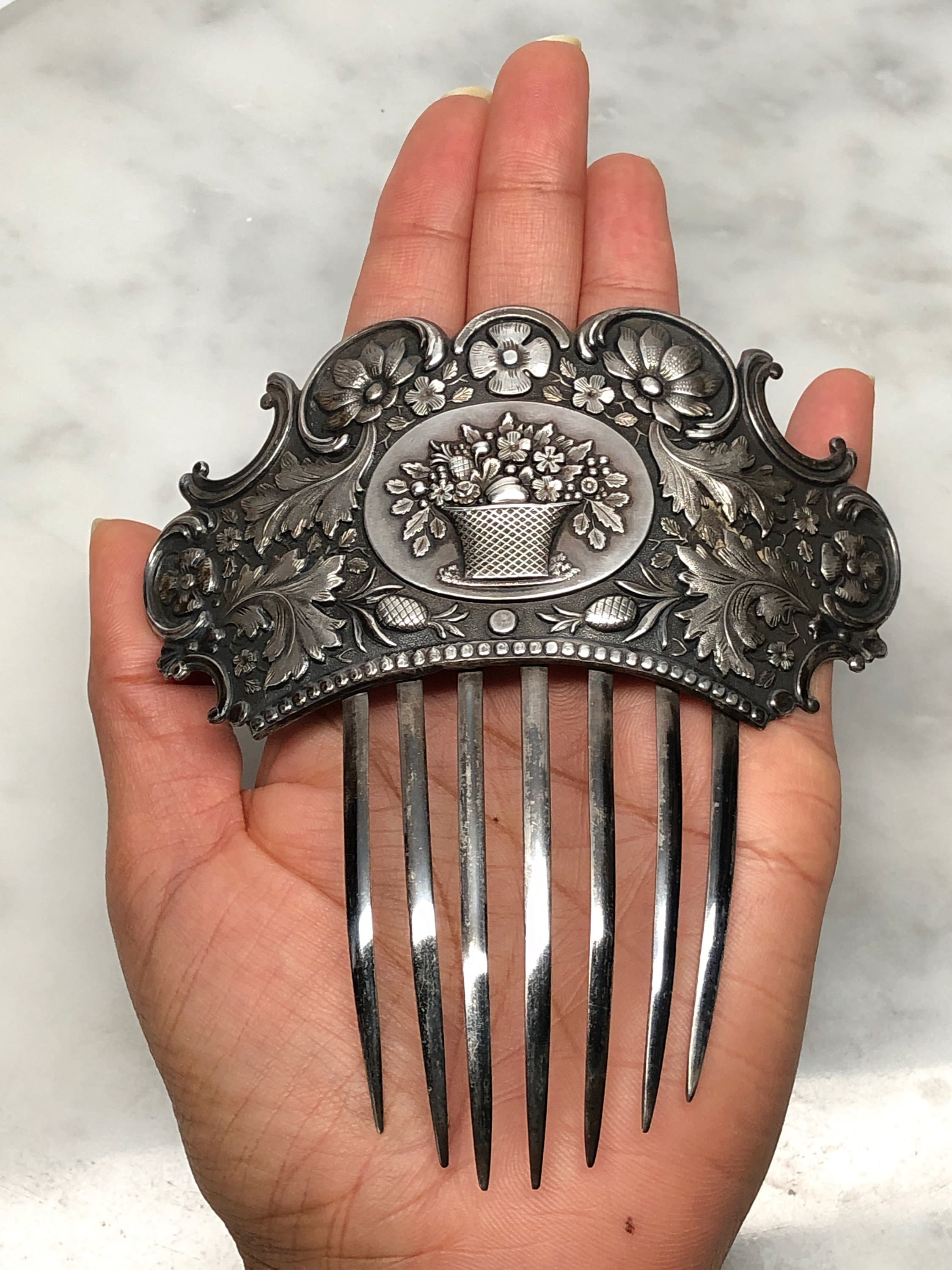 Victorian Silver Hair Comb, Fruit Basket, Floral, Antique, as Is